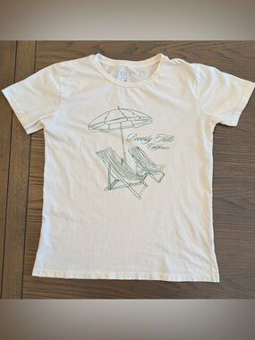 Vici White Tee with Green Beach Illustration